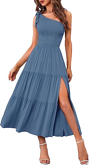 MEROKEETY Women's Summer One Shoulder Sleeveless Knot Smocked Midi Dress Split Tiered Flowy Dresses