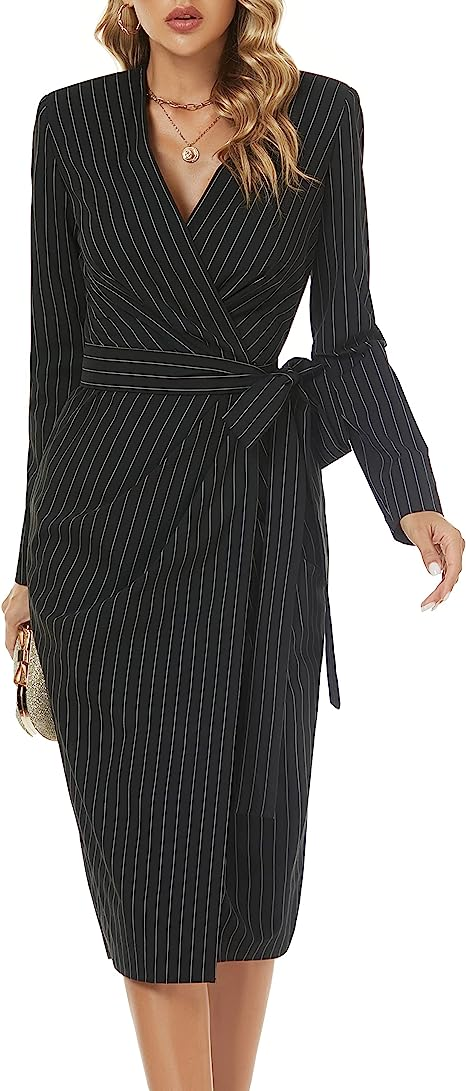 FARAMIUS CLOTHING Women's Striped Black Long Sleeve Wrap V Neck Work Business Office Cocktail Midi Dress