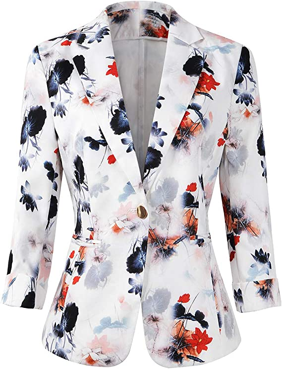 Womens 3/4 Sleeve Lightweight Office Work Suit Jacket Floral Blazer