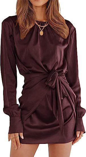 PRETTYGARDEN Women's 2023 Spring Satin Dress Long Sleeve Tie Waist Elegant Cocktail Party Mini Dresses